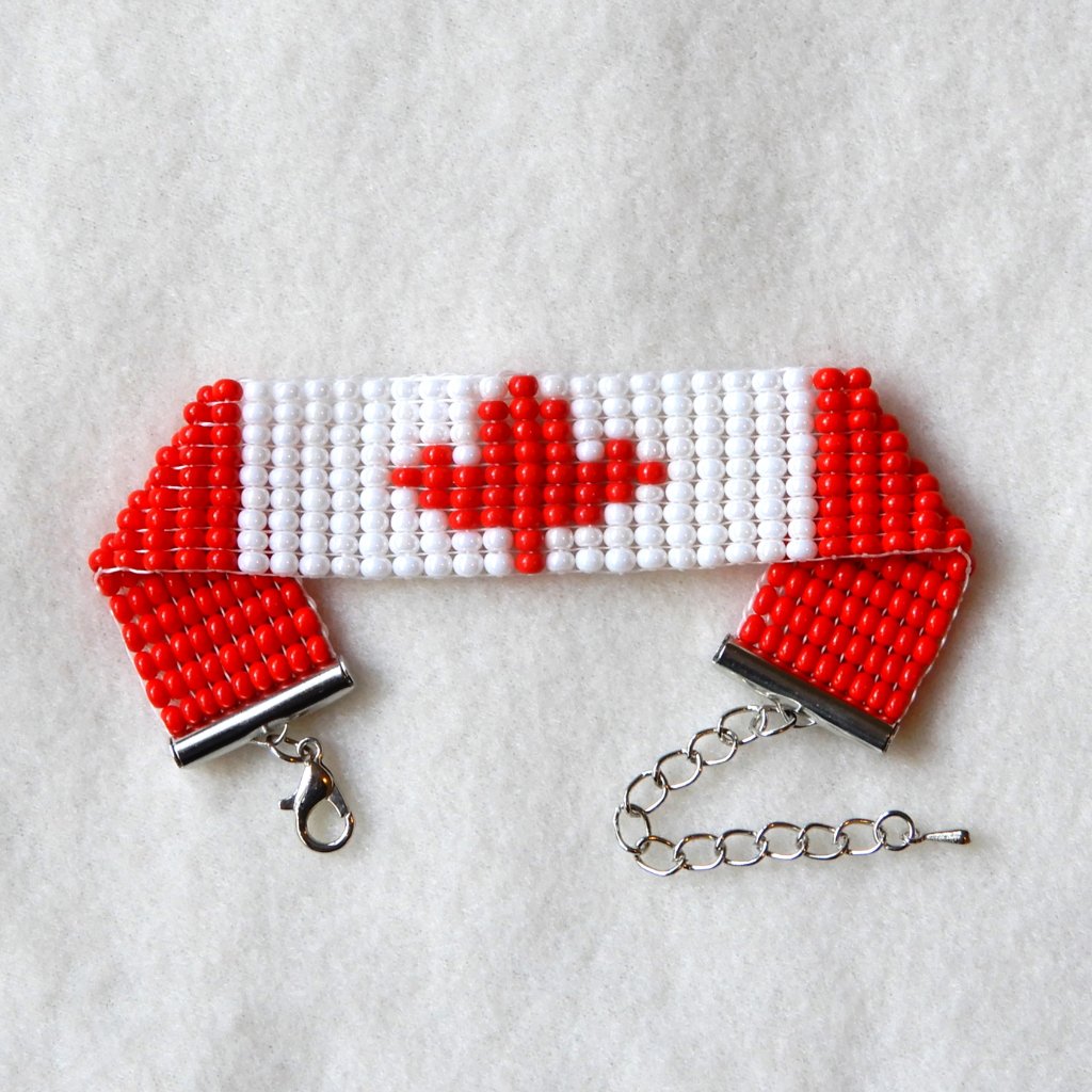 Canada Canadian Flag Bead Bracelet, Handmade, Adjustable Length, Maple Leaf